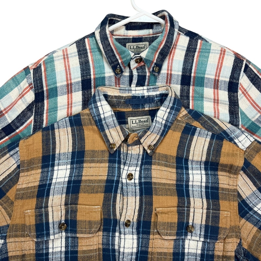 LOT‎ OF 2 LL Bean Shirt Mens S Yellow Blue Plaid Button Down Slightly Fitted EUC